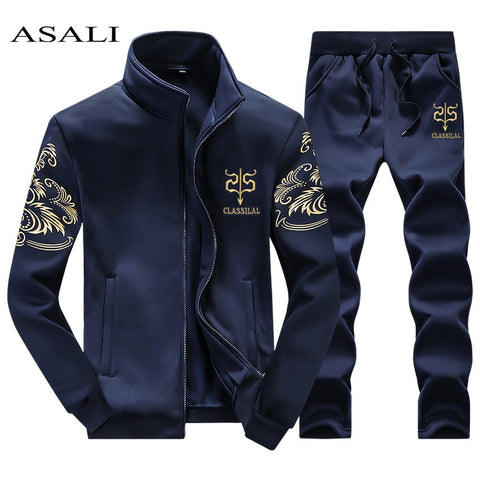ASALI 2019 Men's Sportwear Suit Sweatshirt Tracksuit Without Hoodie Men Casual Active Suit  Zipper Outwear 2PC Jacket+Pants Sets